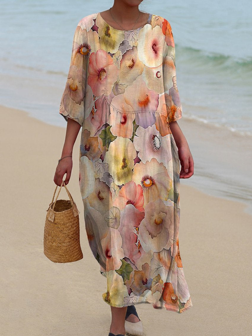 Women's Elegant Pink Watercolor Floral Print Pocket Cotton Dress