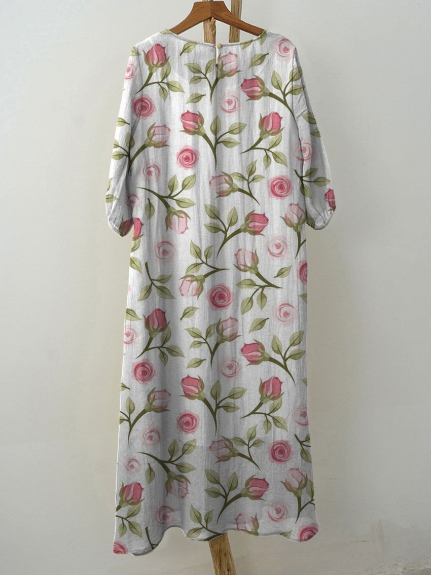Women's Rose Flower Print Pocket Cotton Dress