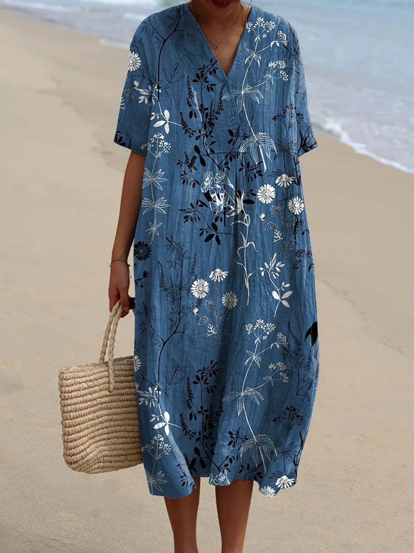 Women's Vintage Elegant Floral Art Print Flowy Dress