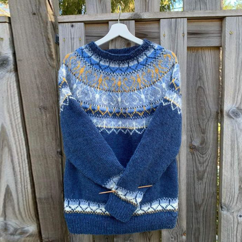 Vintage Icelandic Knit Jacquard Warmth Blue Crew Neck Sweater(Unisex)