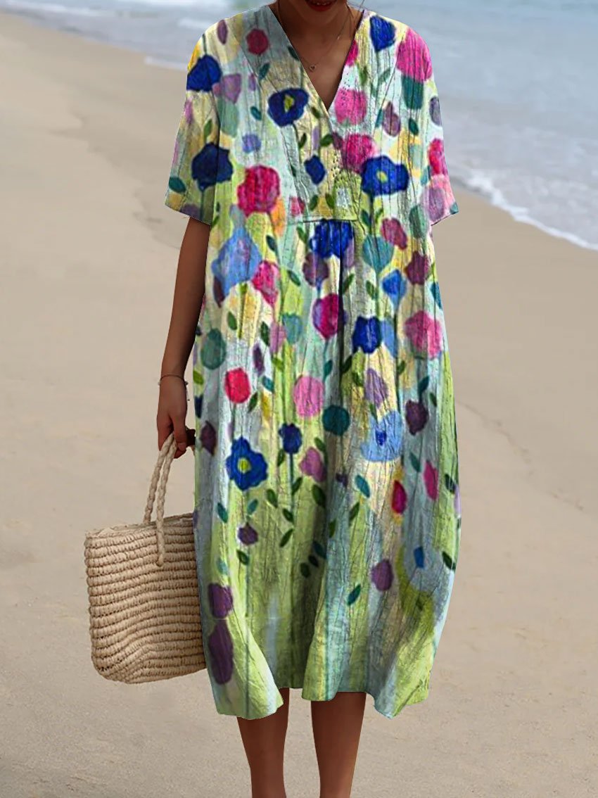 Women's Flower Watercolor Splash Fluid Art Print Flowy Dress