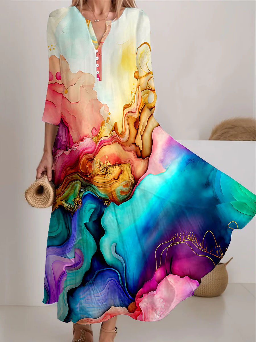 Women's Floral Alcohol Ink Art Printed Casual Holiday Dress
