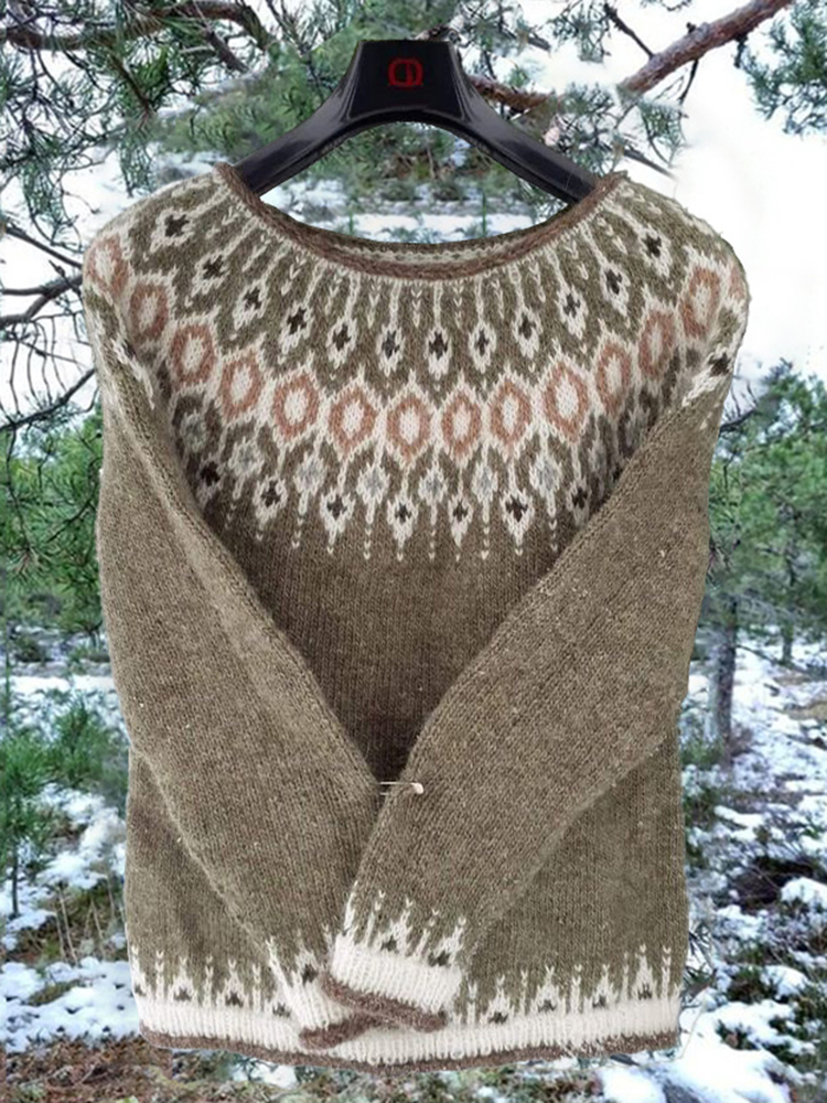 Unisex Vintage Oatmeal Icelandic Knit Jacquard Warmth Crew Neck Sweater