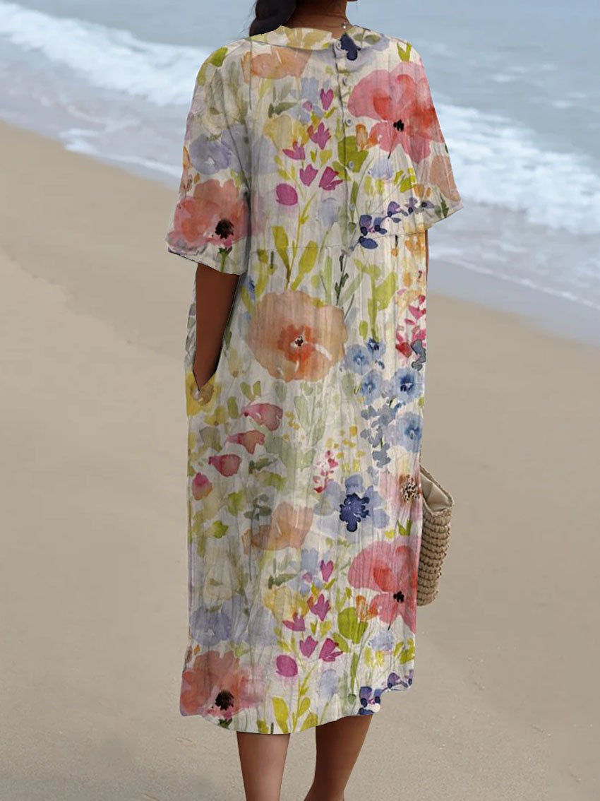 Women's Vintage Lovely Floral Art Print Pocket Linen Dress(Convertible Dress With Front And Back Option)