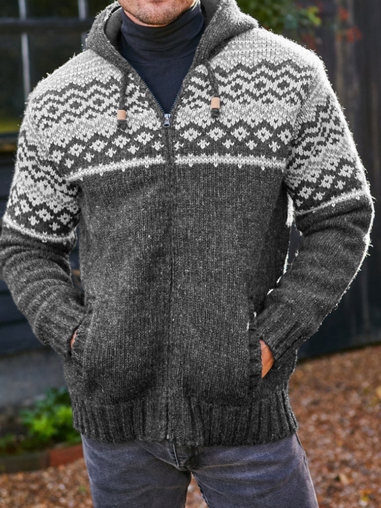 Mens Vintage Fair Isle Knitted Hooded Cardigan