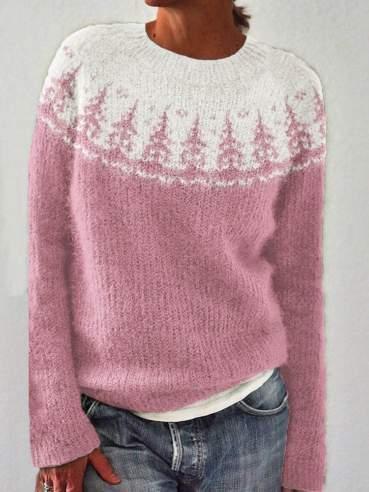 Christmas Trees Yoke Contrast Color Cozy Knit Isle Sweater