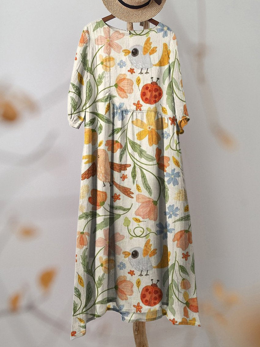 Women's Vintage Cute Floral Print Pocket Cotton Dress