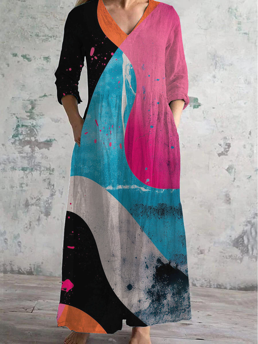 Women's V-Neck Abstract Geometric Art Cotton And Linen Pocket Dress
