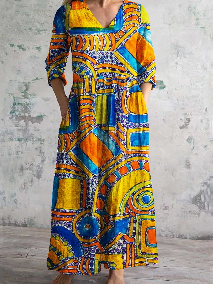 Women's V-Neck Vintage Geometric Painted Pattern Long Sleeve Dress