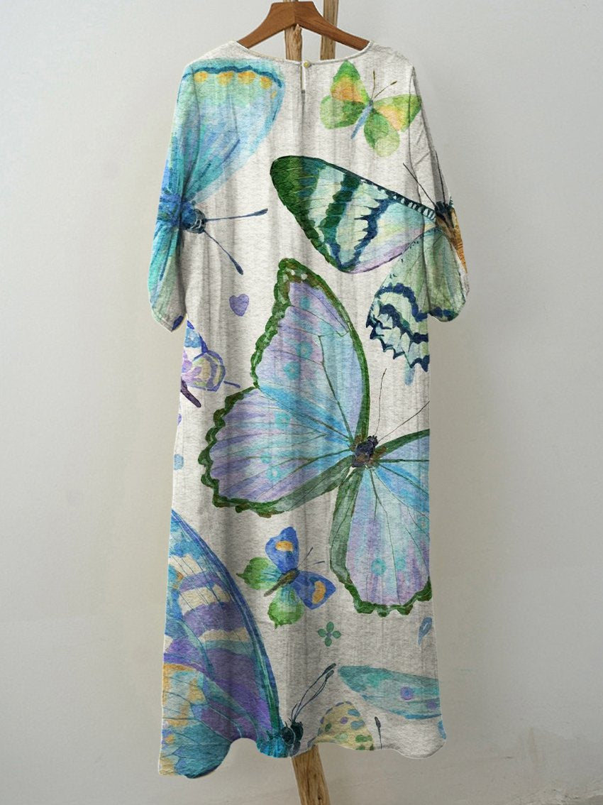 Women's Vintage Blue Butterfly Print Pocket Cotton Dress
