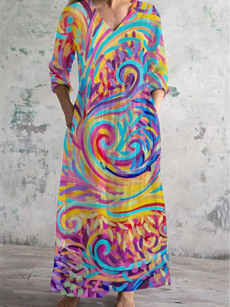 Women's V Neck Abstract Stripe Art Cotton and Linen Pocket Dress