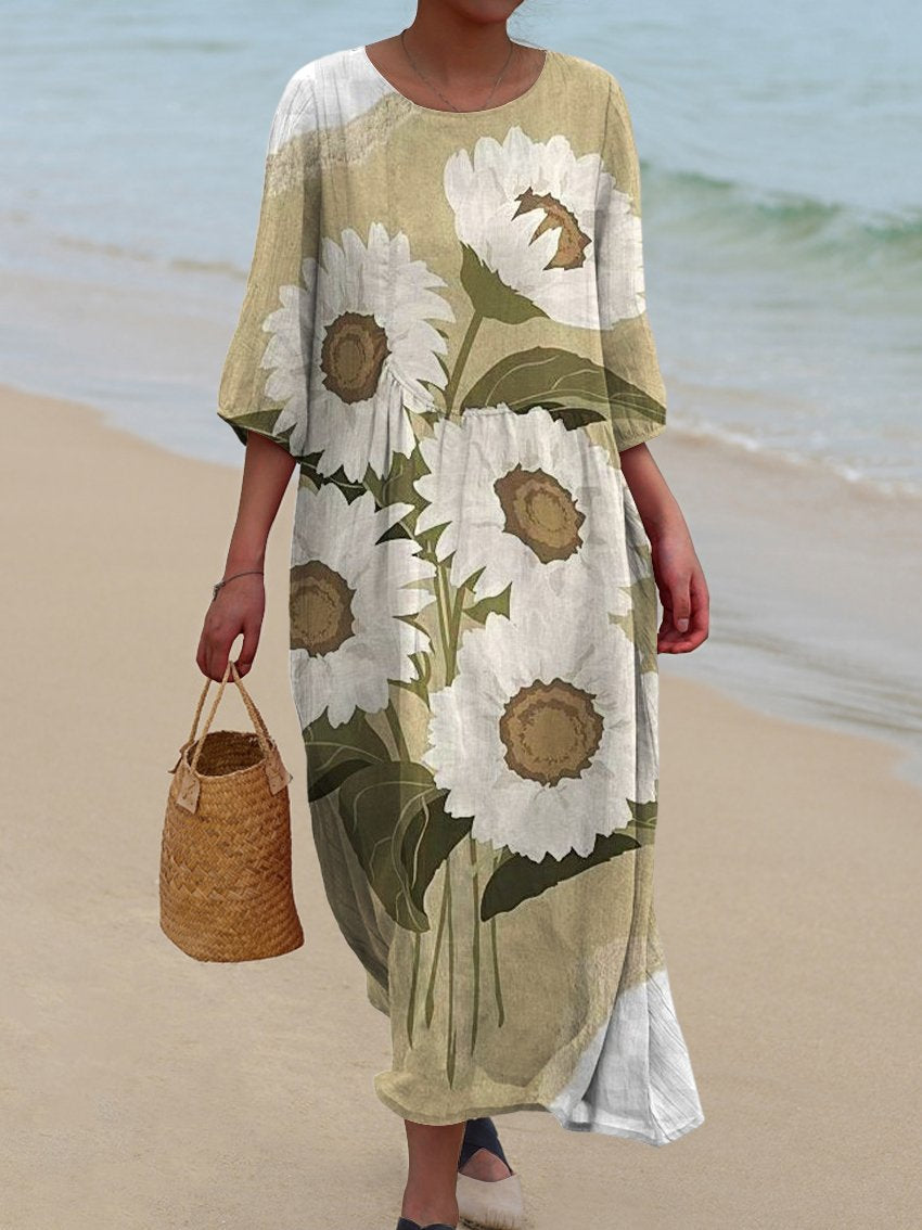 Women's Vintage Daisy Floral Print Pocket Cotton Dress