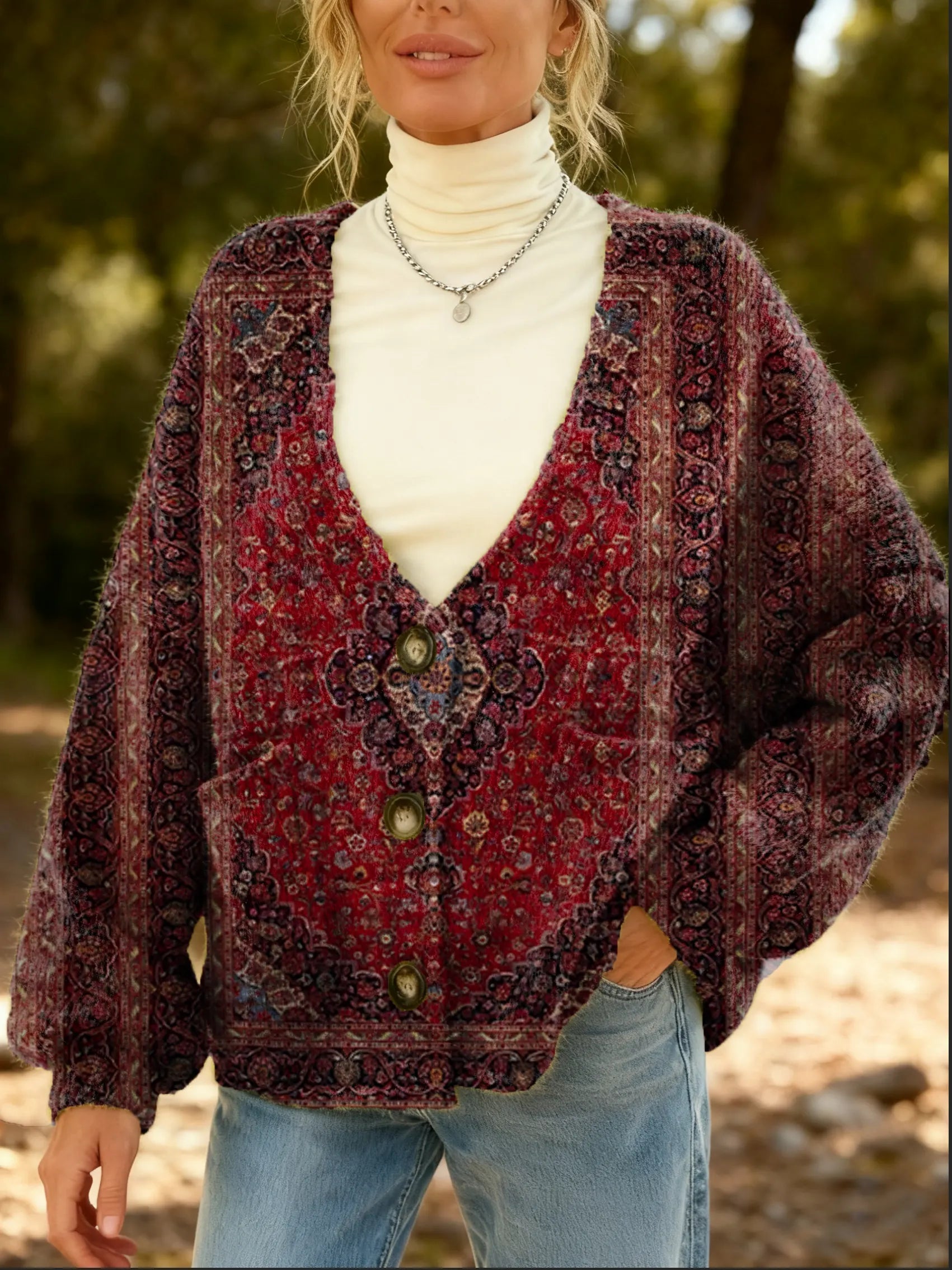 Women's Vintage Ethnic Pattern Art Print Cardigan With Pockets