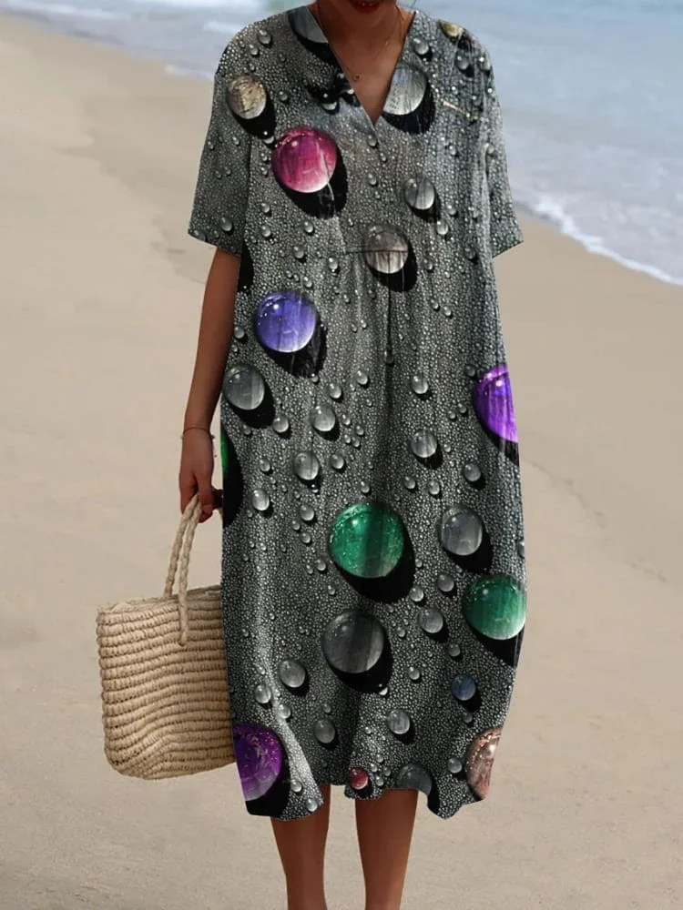 Rainbow Color Water Droplet Art Printed Women's Flowy Dress