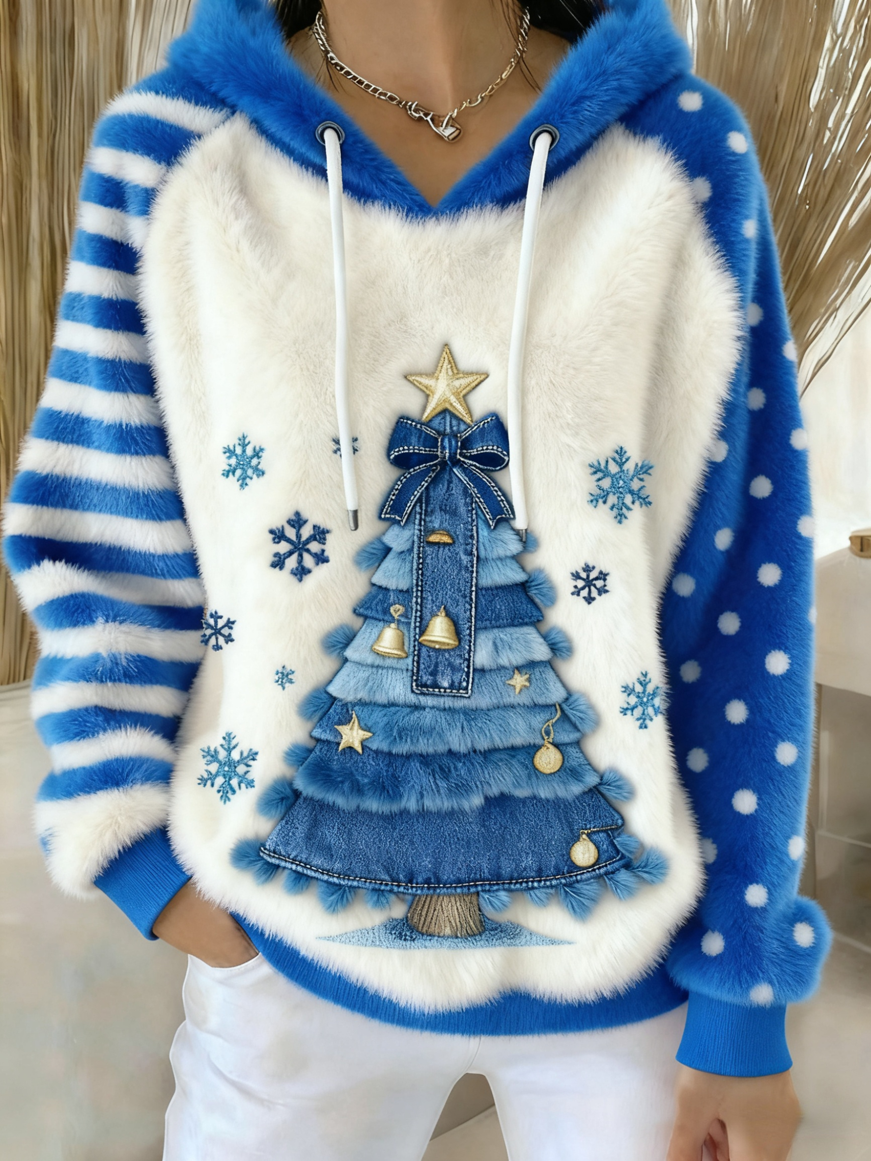 Christmas Tree Colorblock Art Women's Cozy Plush Hooded Sweater