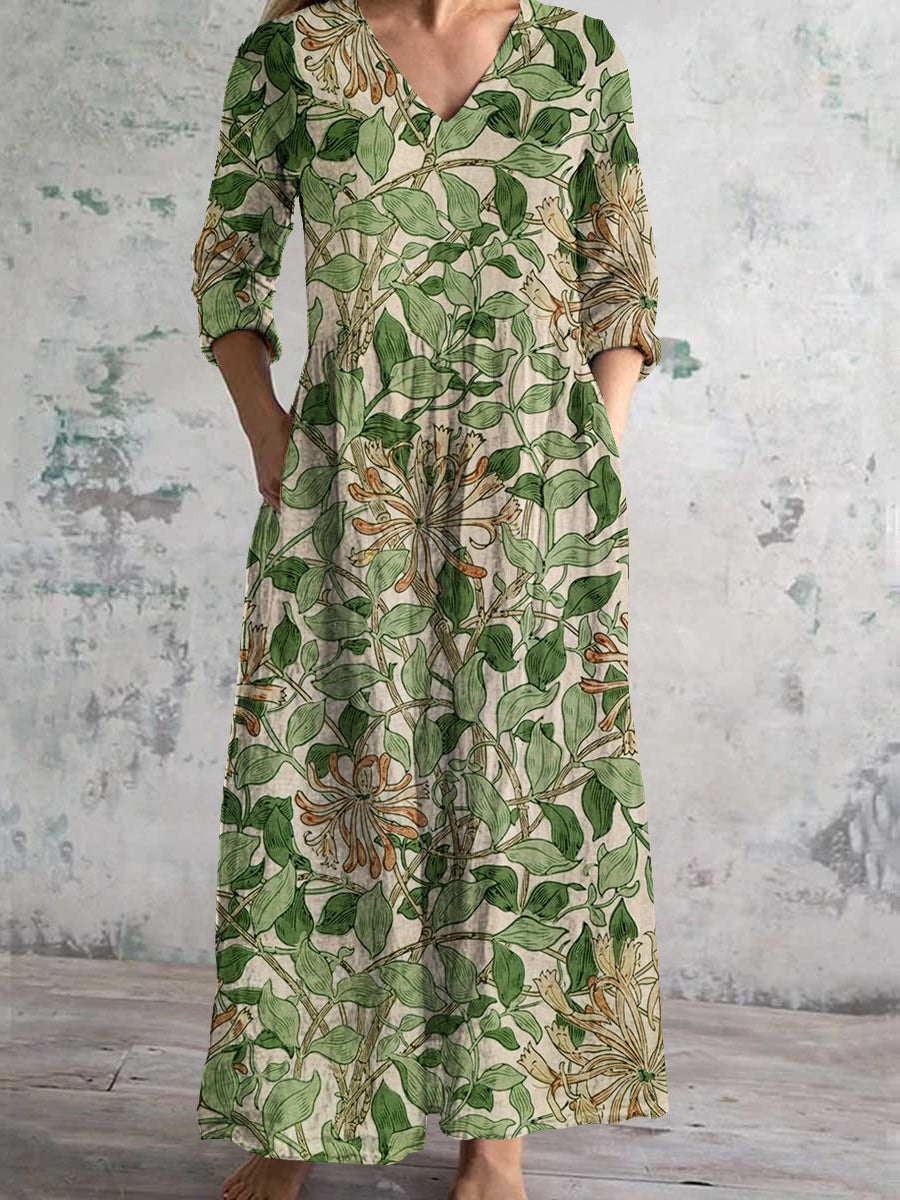 Women's V-Neck Spring And Summer Botanical Pattern Art Print Cotton And Linen Pocket Dress