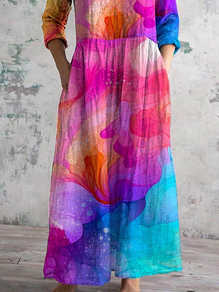 Women's V-neck Splash Art Cotton And Linen Dress With Pockets