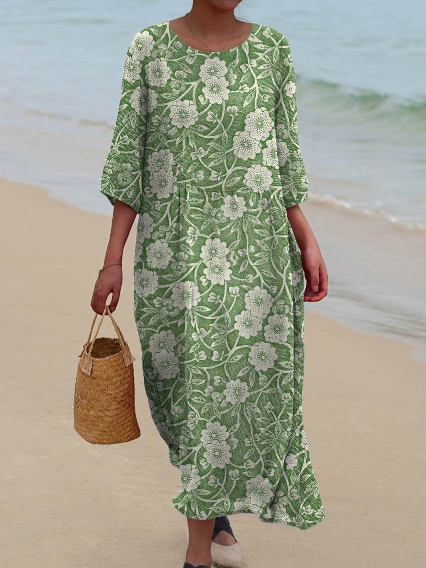 Women's Vintage Floral Art Print Pocket Cotton Dress