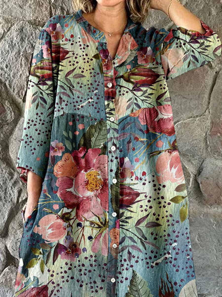 Women's Elegant Floral Print Cotton and Linen Shirt Dress