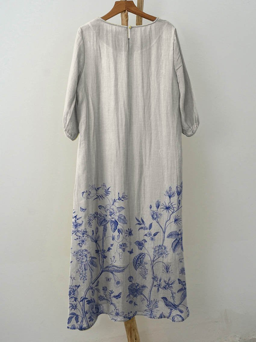 Women's Vintage Floral Art Print Pocket Cotton Dress