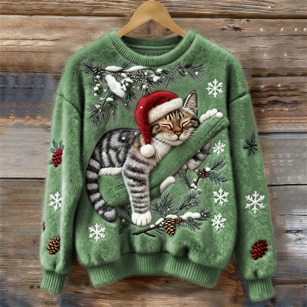 Christmas Lazy Cat Art Women's Cozy Plush Sweater