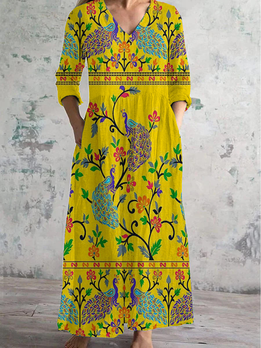 Women's V-Neck Art Peacock Floral Dress With Pockets