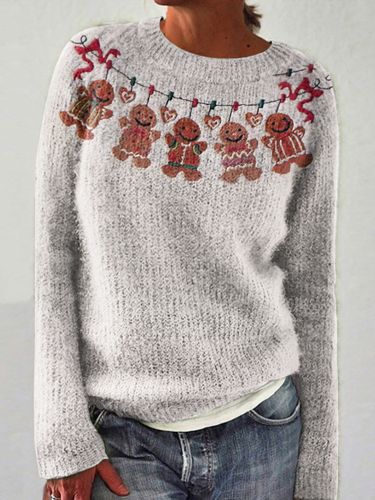 Vintage Christmas Gingerbread Man Embroidery Knitted Crewneck Sweater