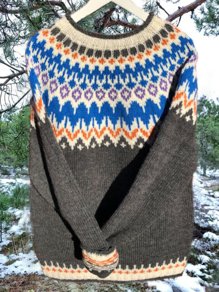 Unisex Vintage Icelandic Fashion Knit Jacquard Warmth Crew Neck Sweater