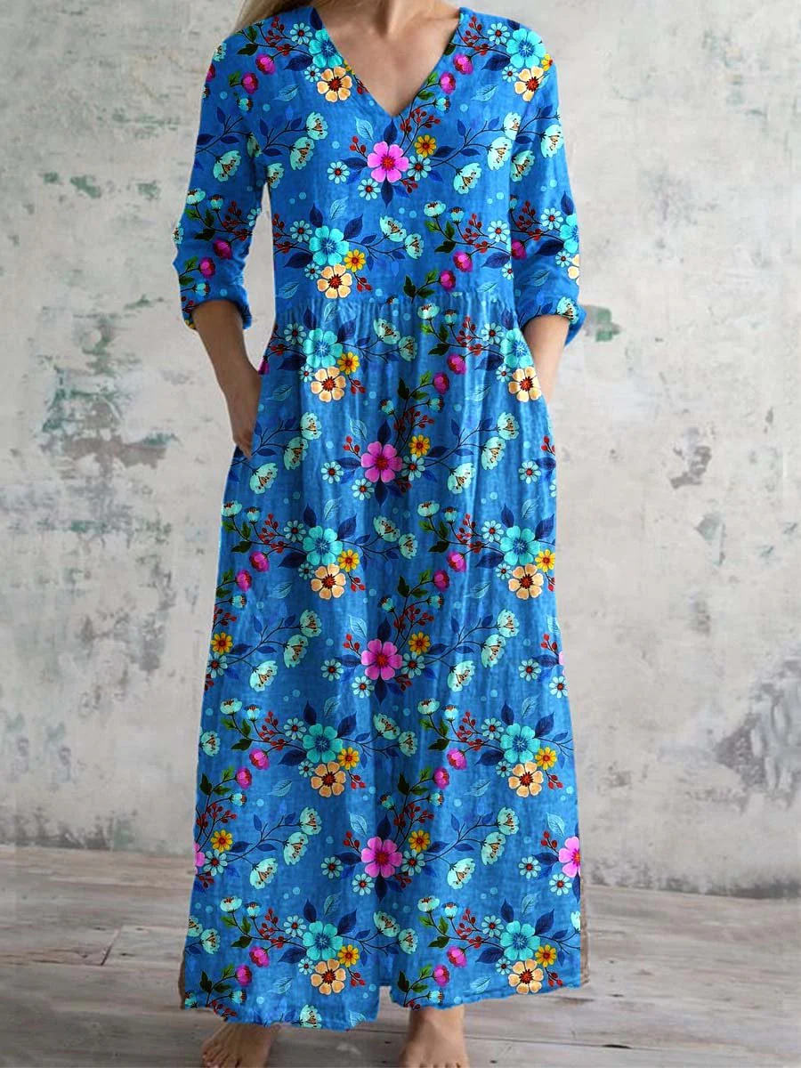 Women's V-Neck Floral Print Cotton And Linen Dress With Pockets
