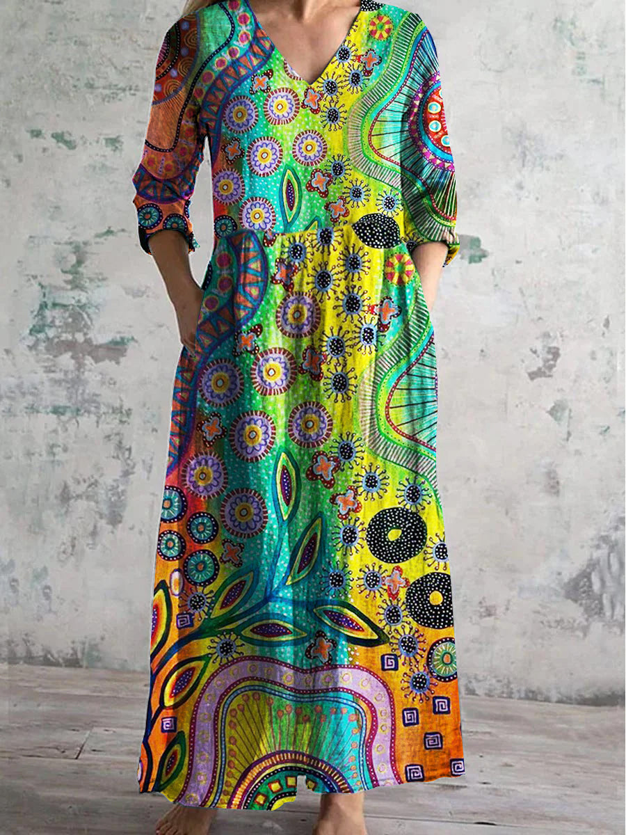 Women's V-Neck Art Irregular Pattern Dress With Pockets