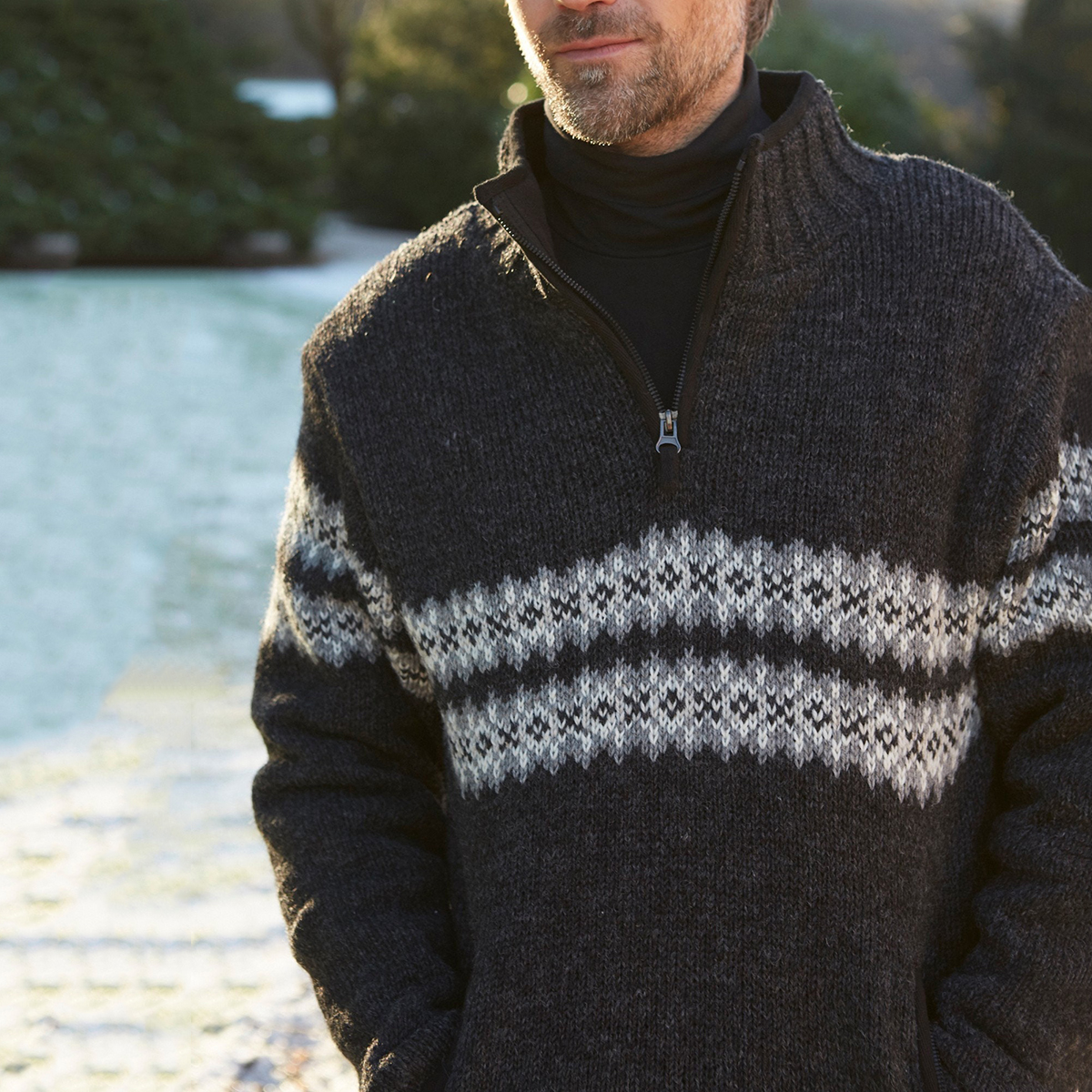 Vintage Warmth Norwool Icelandic Knit Jacquard Half Zip Collar Sweater