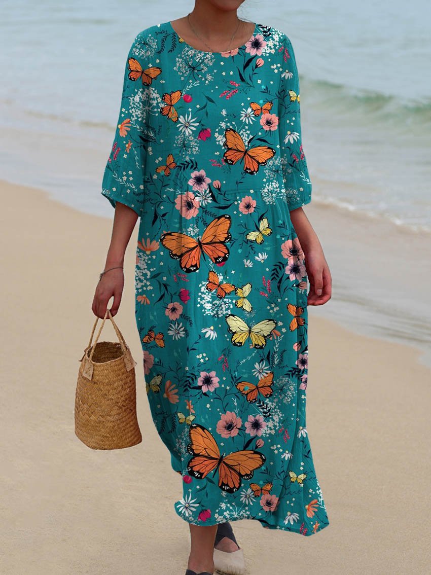 Women's Vintage Floral Butterflies Art Print Pocket Cotton Dress