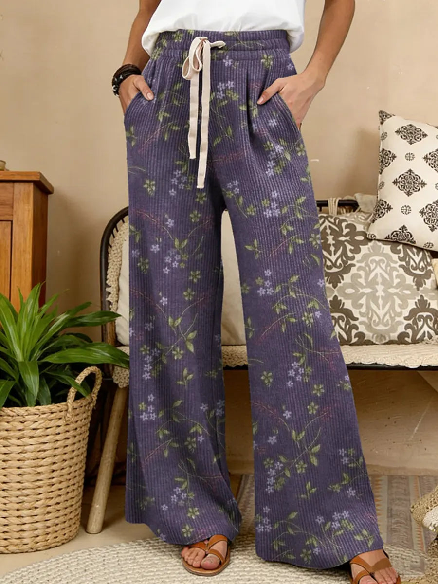 Women's Floral Art Print Comfortable Drawstring Knit Trousers