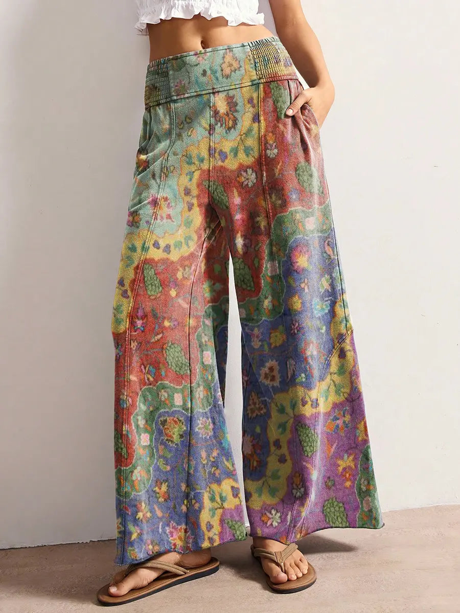 Women's Retro Colorful Floral Wave Art Print Casual Side Pocket Cotton Pants