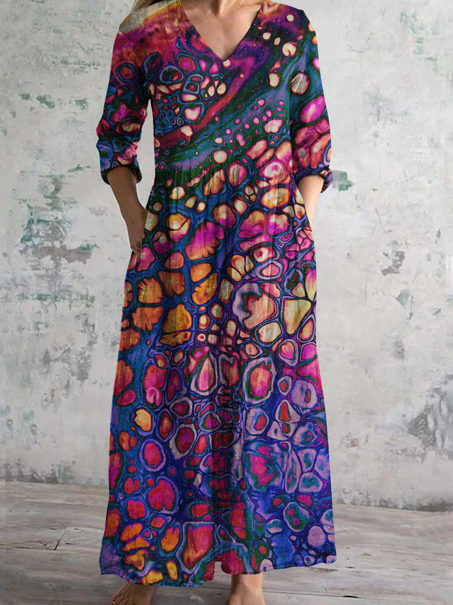 Women's V Neck Abstract Color Rendering Art Print Cotton and Linen Pocket Dress