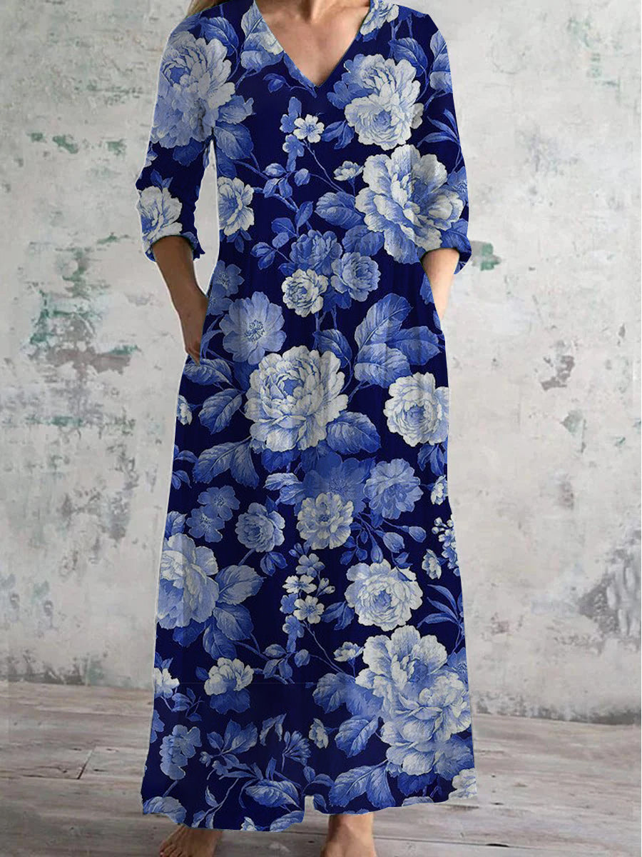 Women's V-Neck Art Blue Floral Pattern Dress With Pockets