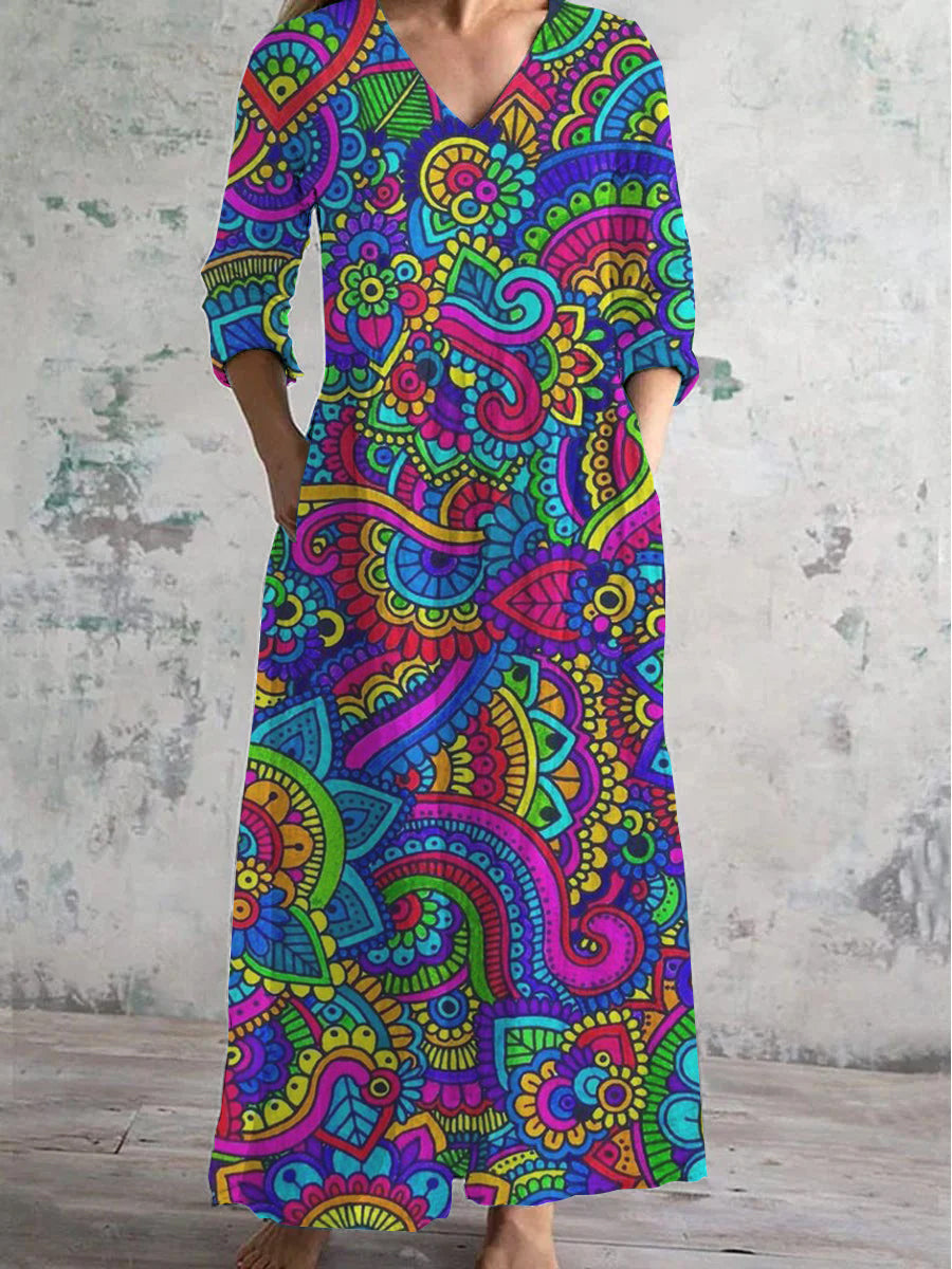 Women's V-Neck Art Colorful Floral Pattern Dress With Pockets