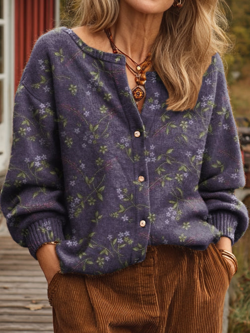 Women's Vintage Purple Floral Art Prints Casual Button Knit Cardigan Jacket