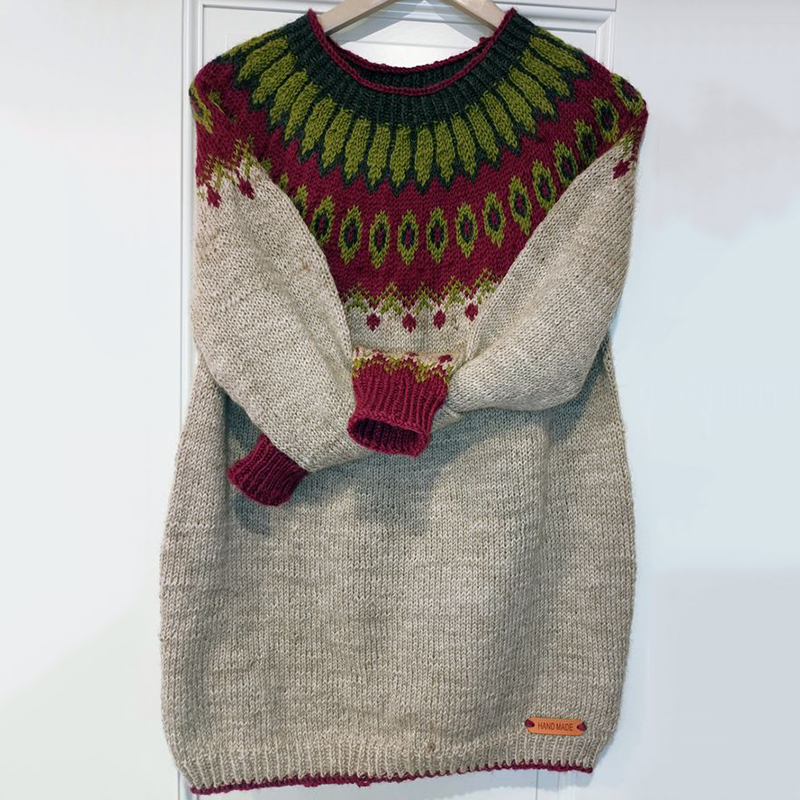 Unisex Vintage Icelandic Contrasting Colors Knit Jacquard Warmth Crew Neck Sweater