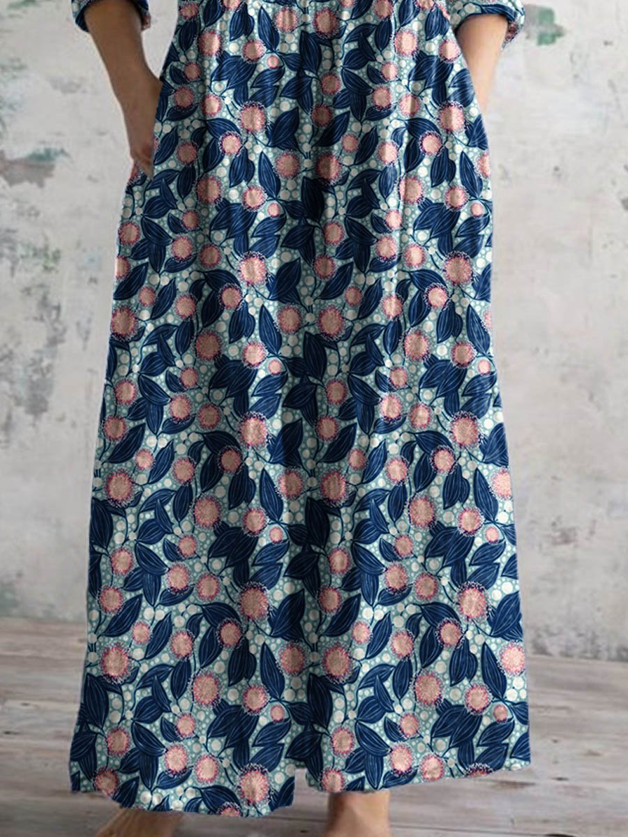 Women's Elegant Vintage Floral Pattern Cotton Dress With Pockets