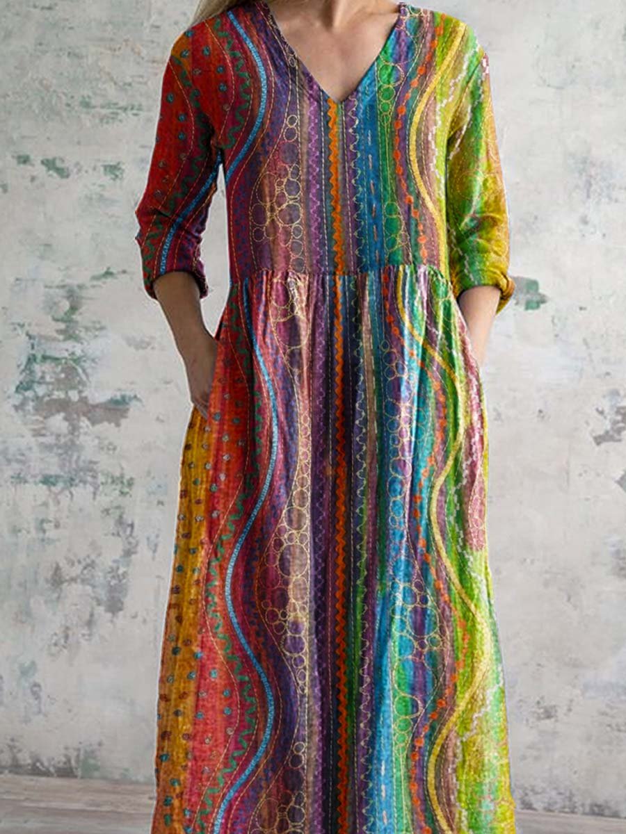 Women's V-neck Colorful Geometric Pattern Cotton Fabric Dress with Pockets