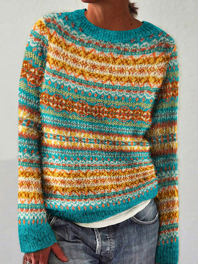 Vintage Ethnic Pattern Crew Neck Sweater