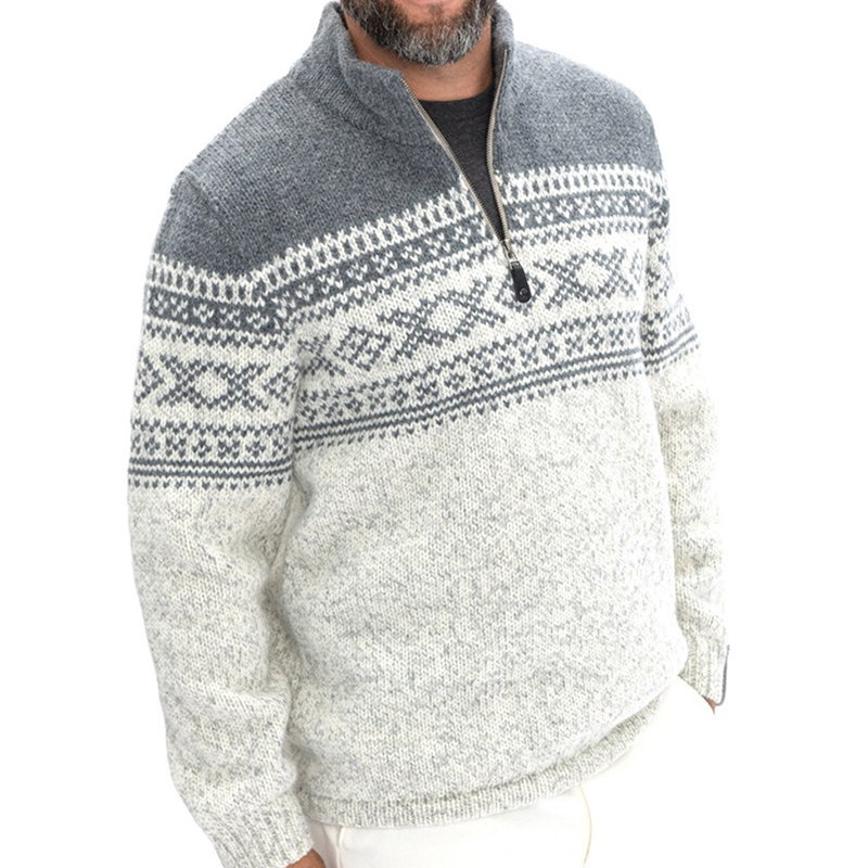 Retro Geometric Knit Men's Zip Sweater