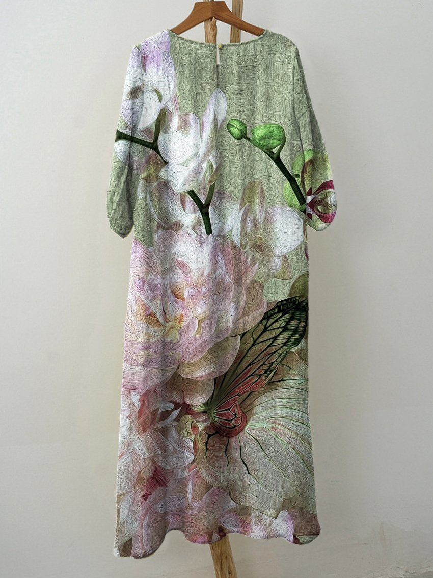 Women's Vintage Oil Painting Texture Floral Print Pocket Cotton Dress