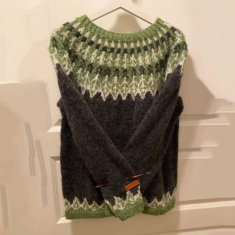 Vintage Green Icelandic Knit Jacquard Warmth Crew Neck Sweater