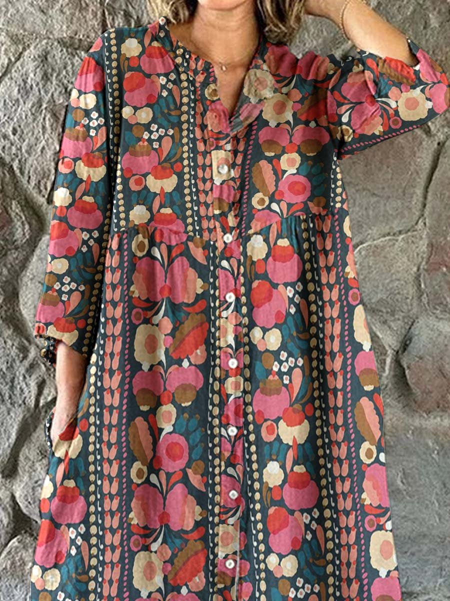 Women's Elegant Geometric Floral Shirt Style Cotton and Linen Dress