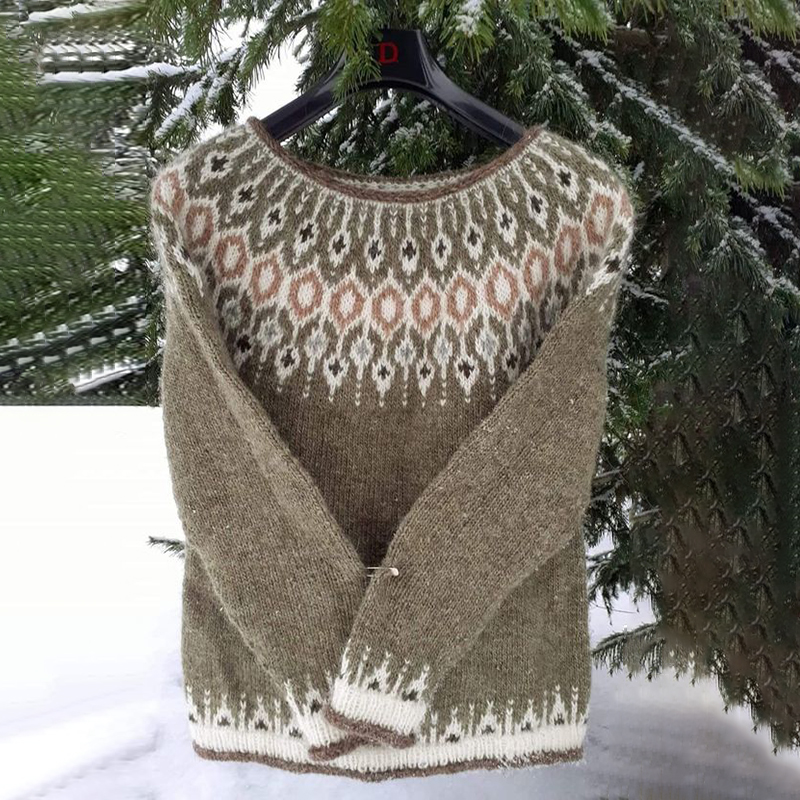 Unisex Vintage Oatmeal Icelandic Knit Jacquard Warmth Crew Neck Sweater