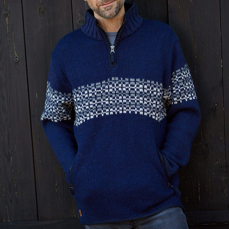 Vintage Warmth Norwool Icelandic Knit Jacquard Half Zip Collar Sweater