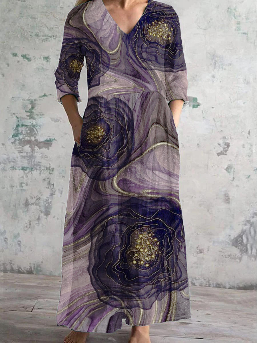 Women's V Neck Premium Quicksand Flowers Pattern Dress With Pockets