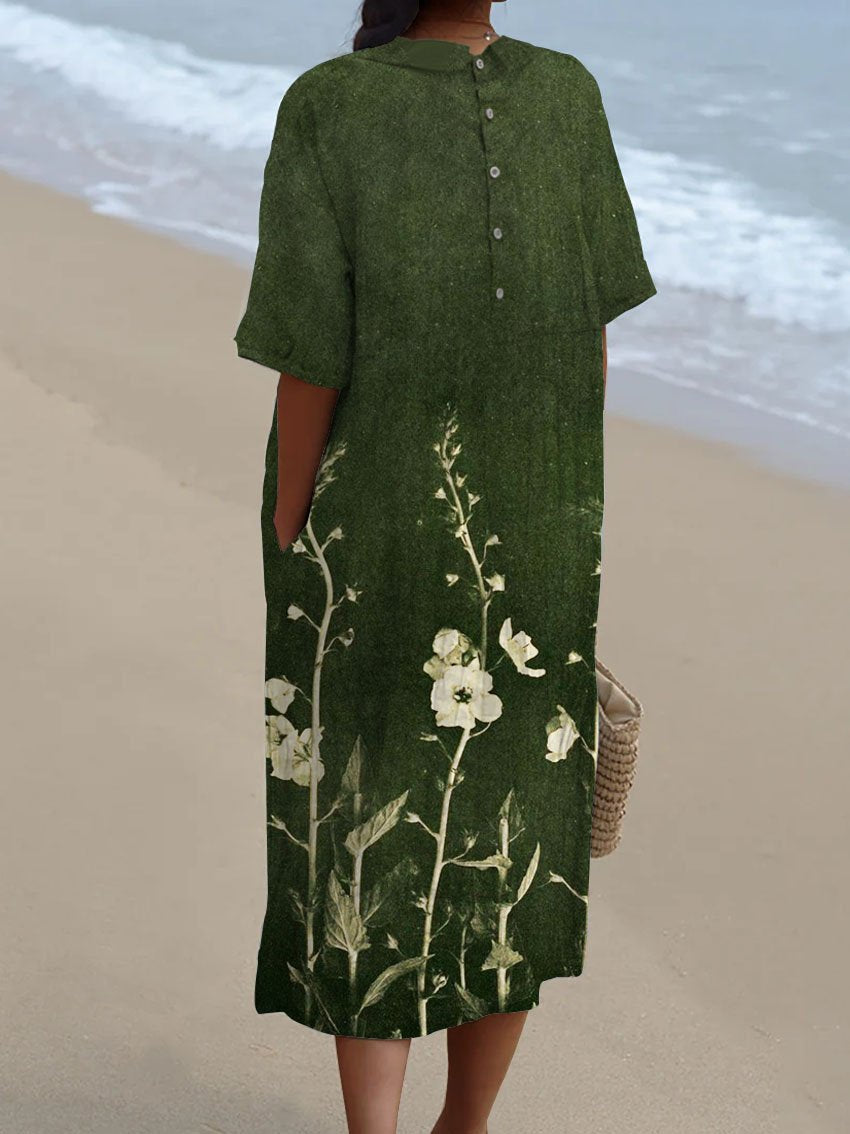 Women's Vintage Floral Art Print Pocket Linen Dress(Convertible Dress With Front And Back Option)